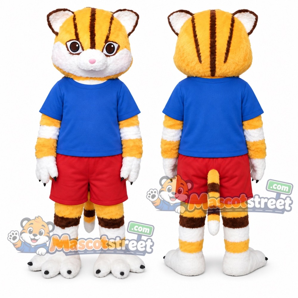 Orange Tiger Mascot Costume with Blue Shirt and Red Shorts Orange Tiger Mascot Costume with Blue Shirt and Red Shorts
