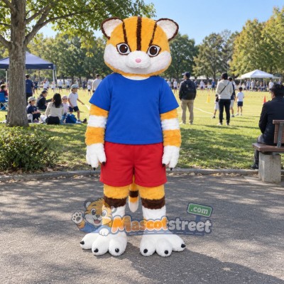 Orange Tiger Mascot Costume with Blue Shirt and Red Shorts Orange Tiger Mascot Costume with Blue Shirt and Red Shorts