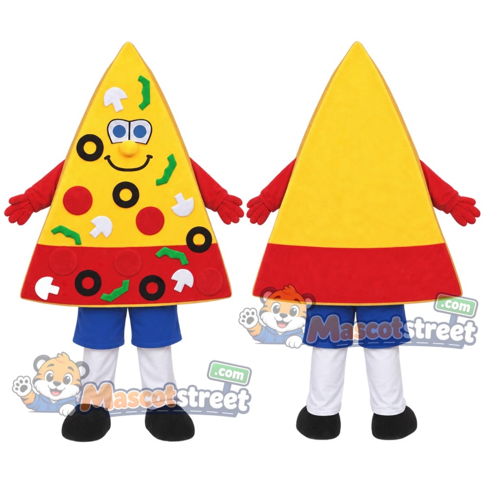 Pizza Slice Mascot Costume with Blue Shorts Pizza Slice Mascot Costume with Blue Shorts