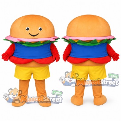Hamburger Mascot Costume with Blue Shirt and Yellow Shorts Hamburger Mascot Costume with Blue Shirt and Yellow Shorts