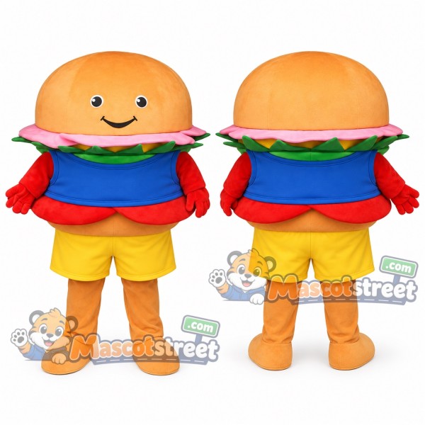 Hamburger Mascot Costume with Blue Shirt and Yellow Shorts