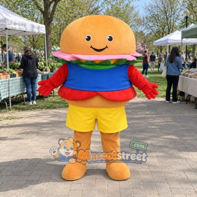 Hamburger Mascot Costume with Blue Shirt and Yellow Shorts