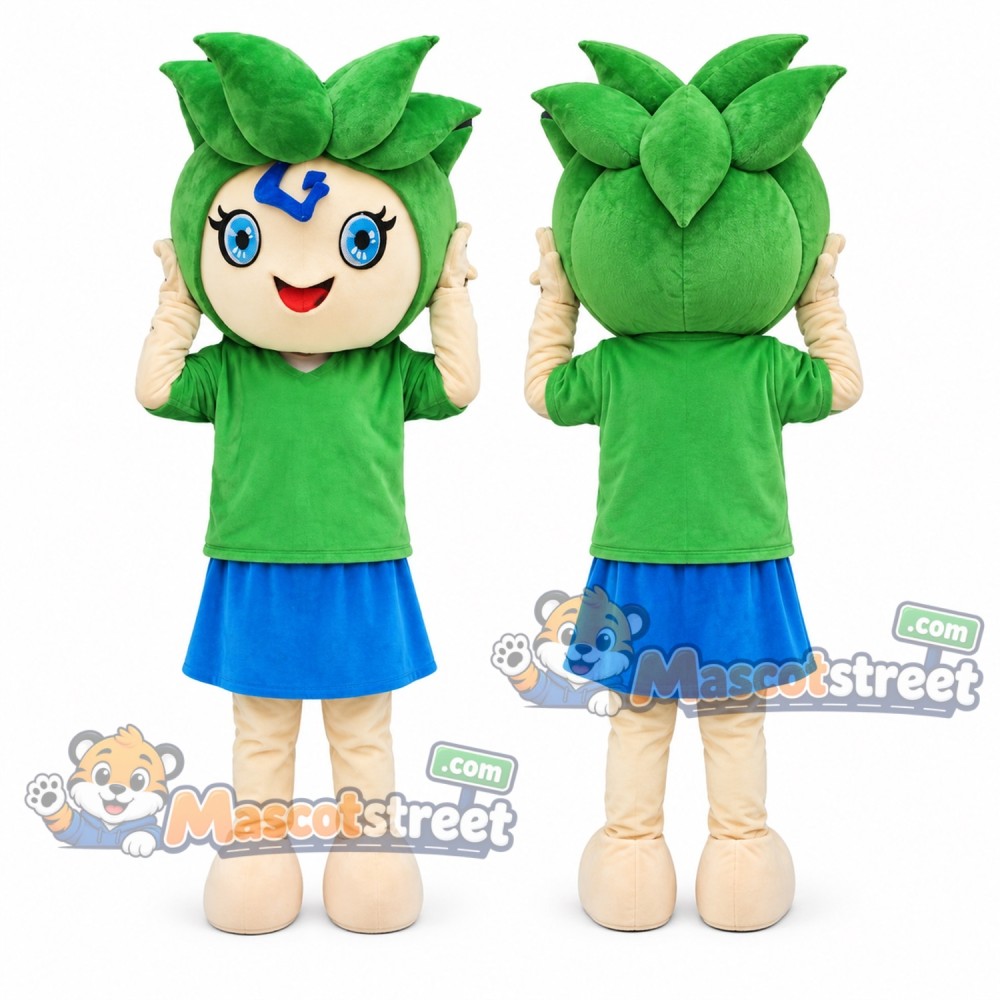 Leaf Haired Girl Mascot Costume with Green Shirt and Blue Skirt Leaf Haired Girl Mascot Costume with Green Shirt and Blue Skirt