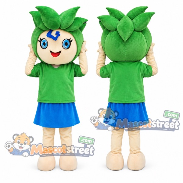 Leaf Haired Girl Mascot Costume with Green Shirt and Blue Skirt