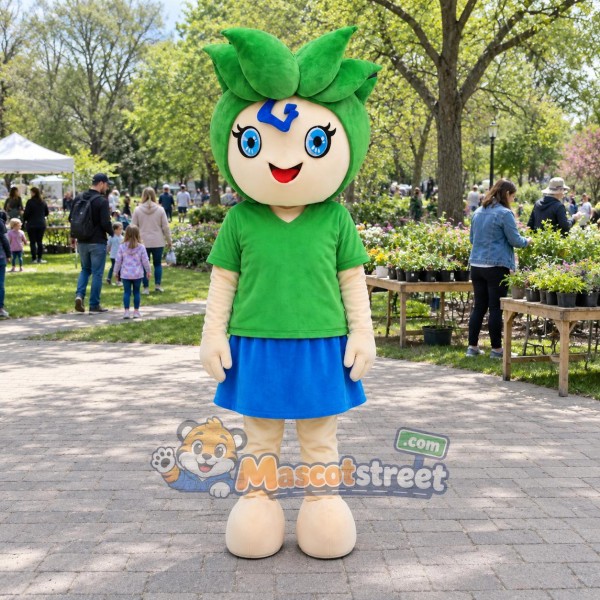 Leaf Haired Girl Mascot Costume with Green Shirt and Blue Skirt Leaf Haired Girl Mascot Costume with Green Shirt and Blue Skirt