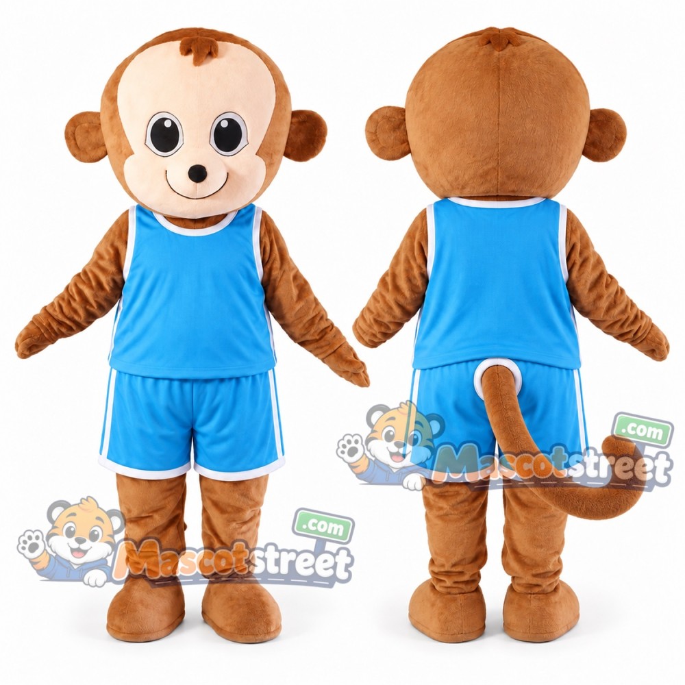 Brown Monkey Mascot Costume with Light Blue Sports Uniform