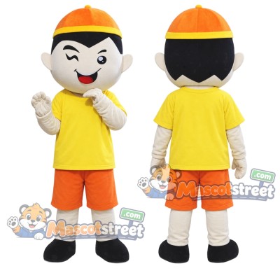 Boy Mascot Costume with Yellow Shirt, Orange Shorts and Orange Cap Boy Mascot Costume with Yellow Shirt, Orange Shorts and Orange Cap