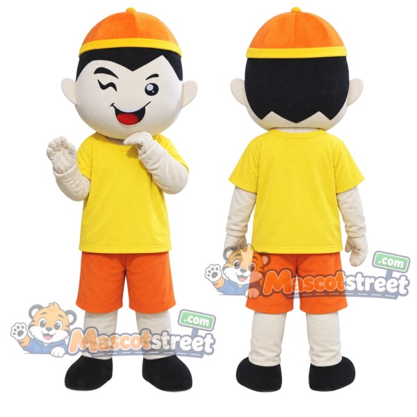 Boy Mascot Costume with Yellow Shirt, Orange Shorts and Orange Cap