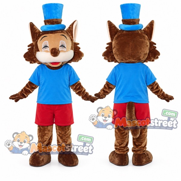 Brown Cat Mascot Costume with Blue Shirt, Red Shorts and Blue Top Hat