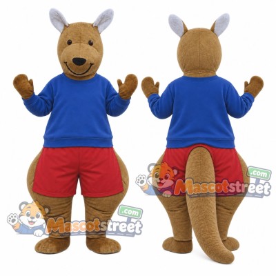 Brown Kangaroo Mascot Costume with Blue Shirt and Red Shorts Brown Kangaroo Mascot Costume with Blue Shirt and Red Shorts