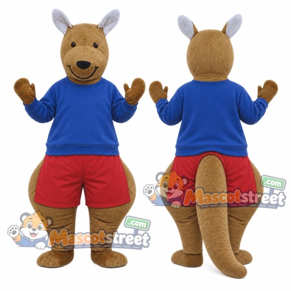 Brown Kangaroo Mascot Costume with Blue Shirt and Red Shorts