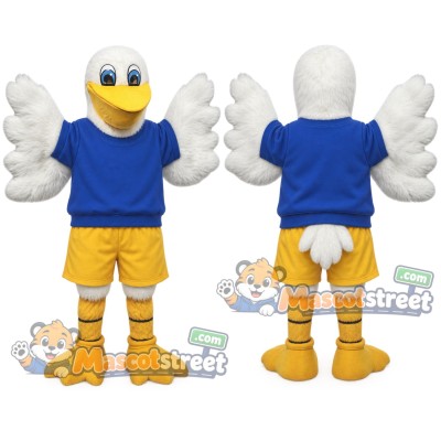 White Pelican Mascot Costume with Blue Shirt and Yellow Shorts