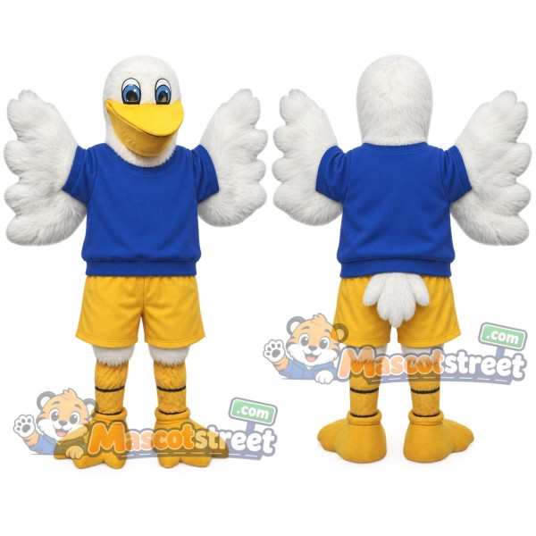 White Pelican Mascot Costume with Blue Shirt and Yellow Shorts