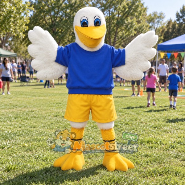 White Pelican Mascot Costume with Blue Shirt and Yellow Shorts