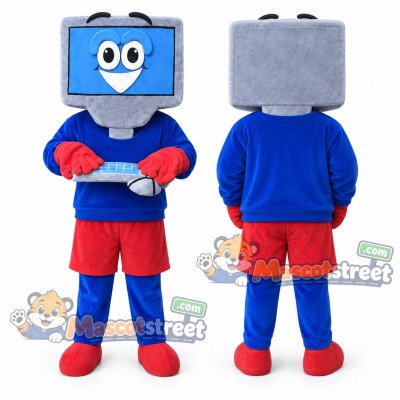 Blue Computer Mascot Costume with Blue Sweatshirt and Red Shorts Blue Computer Mascot Costume with Blue Sweatshirt and Red Shorts