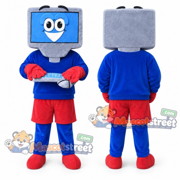 Blue Computer Mascot Costume with Blue Sweatshirt and Red Shorts
