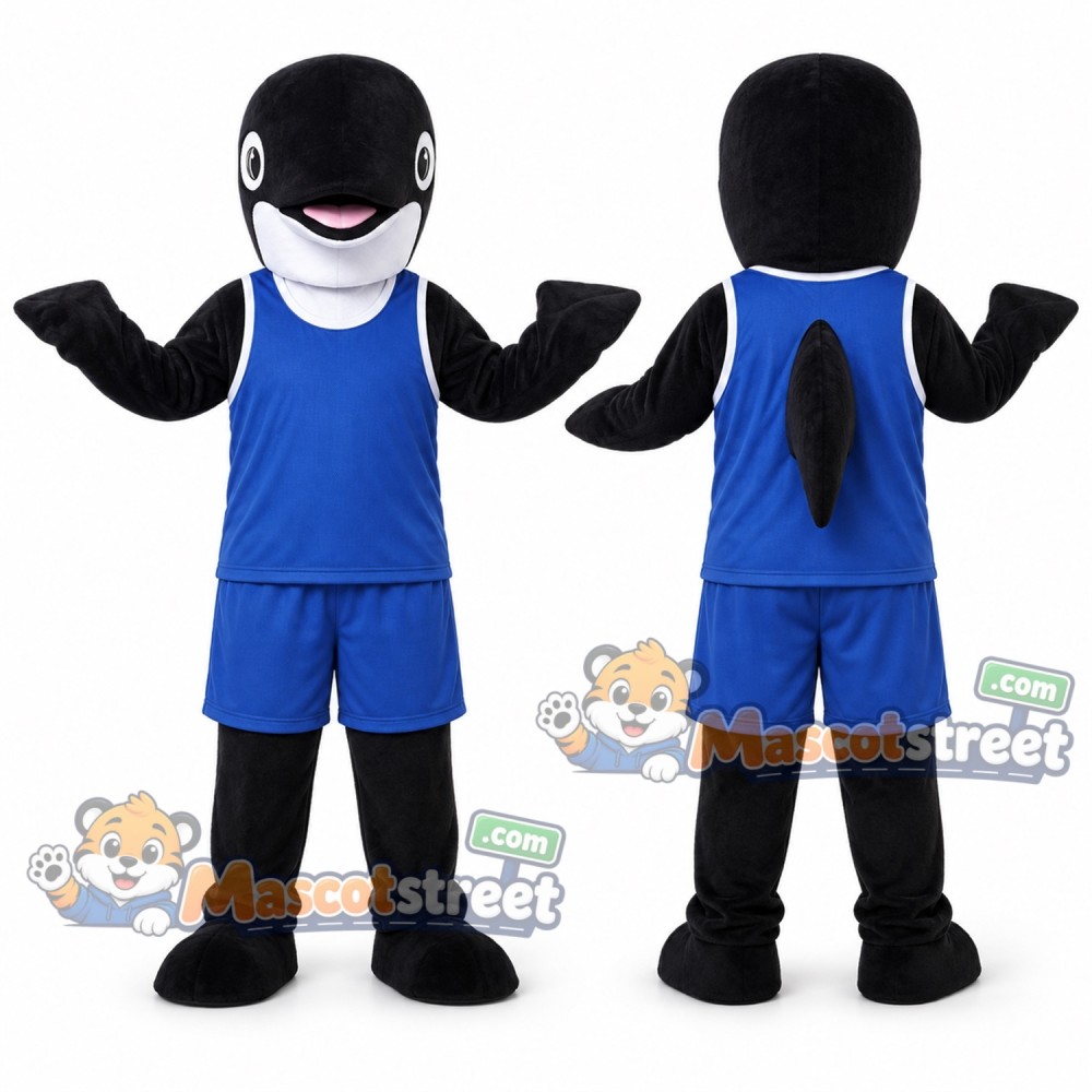 Black and White Orca Mascot Costume with Blue Sports Uniform Black and White Orca Mascot Costume with Blue Sports Uniform