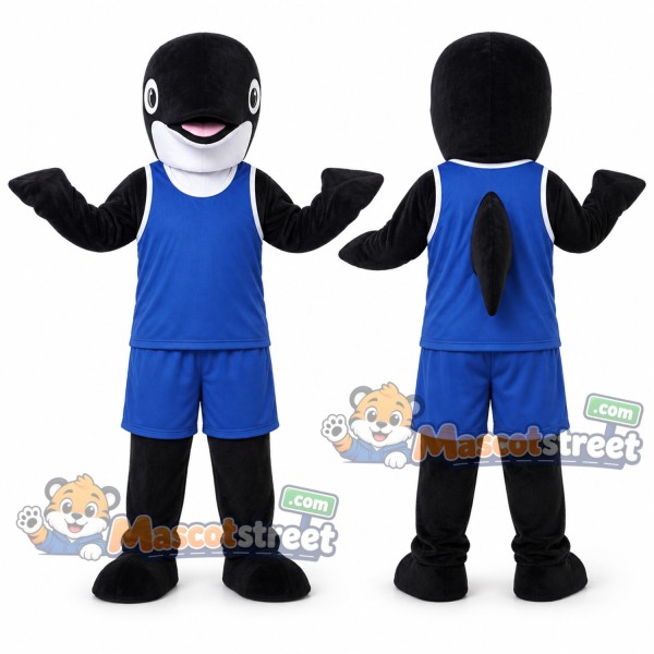 Black and White Orca Mascot Costume with Blue Sports Uniform