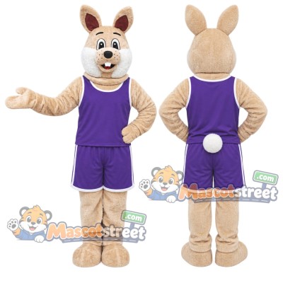 Tan Rabbit Mascot Costume with Purple Sports Uniform Tan Rabbit Mascot Costume with Purple Sports Uniform