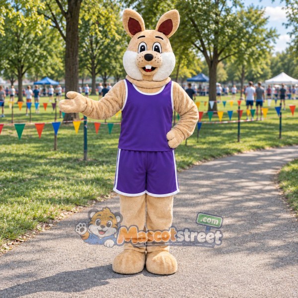 Tan Rabbit Mascot Costume with Purple Sports Uniform