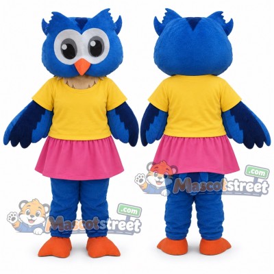 Blue Owl Mascot Costume with Yellow Shirt and Pink Skirt
