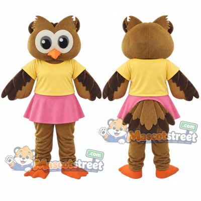 Brown Owl Mascot Costume with Yellow Shirt and Pink Skirt