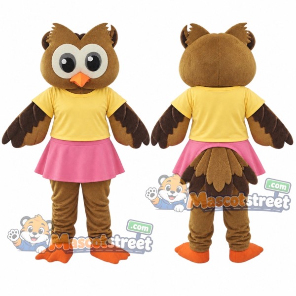 Brown Owl Mascot Costume with Yellow Shirt and Pink Skirt