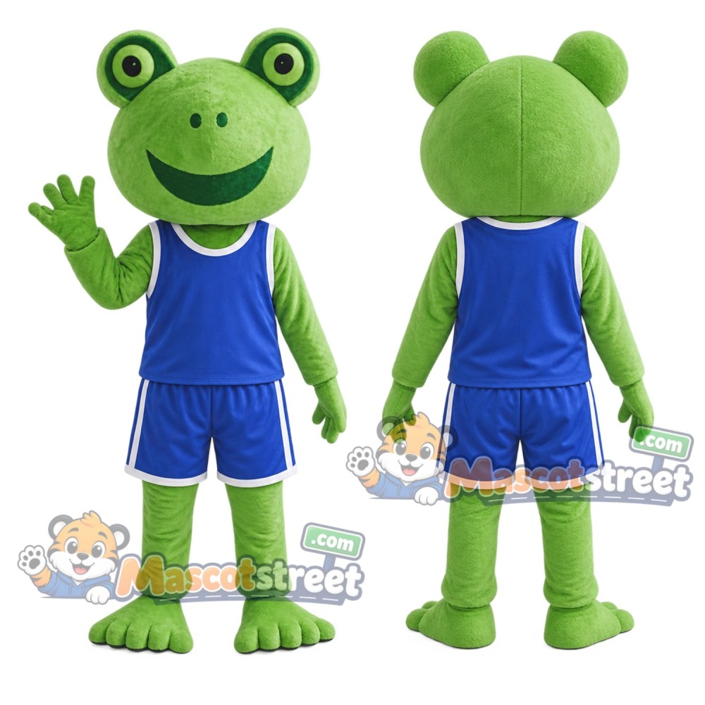 Green Frog Mascot Costume with Blue Sports Uniform Green Frog Mascot Costume with Blue Sports Uniform