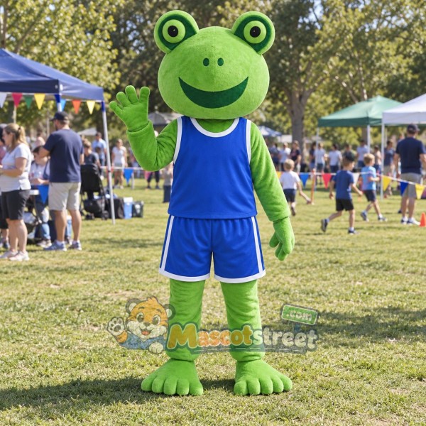 Green Frog Mascot Costume with Blue Sports Uniform Green Frog Mascot Costume with Blue Sports Uniform