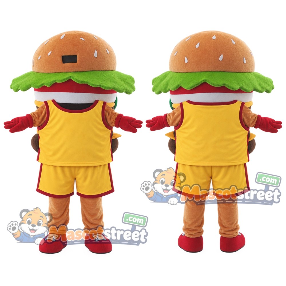 Hamburger Mascot Costume with Yellow Sports Uniform