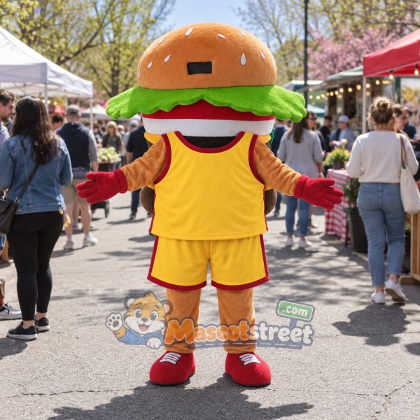 Hamburger Mascot Costume with Yellow Sports Uniform