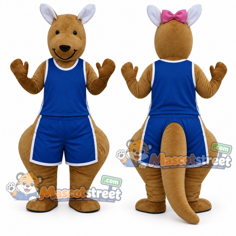 Tan Kangaroo Mascot Costume with Blue Sports Uniform Tan Kangaroo Mascot Costume with Blue Sports Uniform
