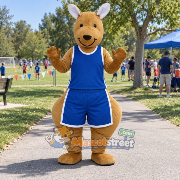 Tan Kangaroo Mascot Costume with Blue Sports Uniform