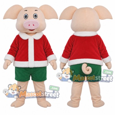 Pink Pig Mascot Costume with Santa Jacket and Green Shorts