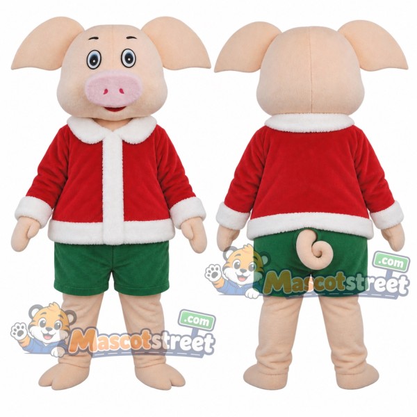 Pink Pig Mascot Costume with Santa Jacket and Green Shorts