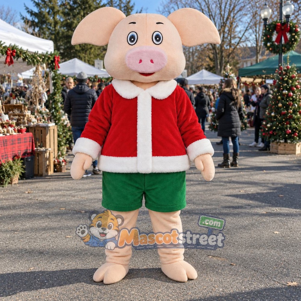 Pink Pig Mascot Costume with Santa Jacket and Green Shorts