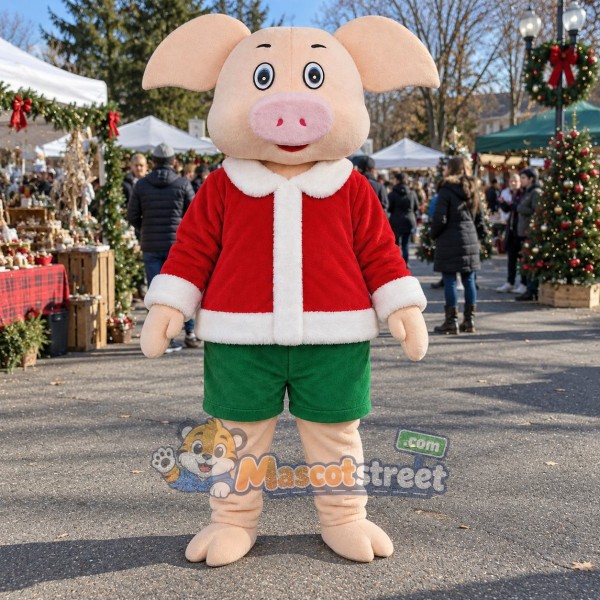 Pink Pig Mascot Costume with Santa Jacket and Green Shorts