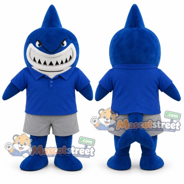 Blue Shark Mascot Costume with Blue Hoodie and Gray Shorts
