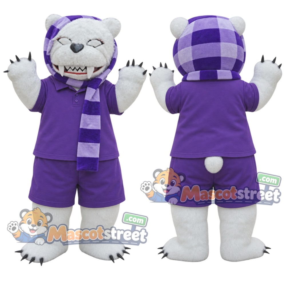 White Polar Bear Mascot Costume with Purple Shirt, Purple Shorts and Plaid Scarf