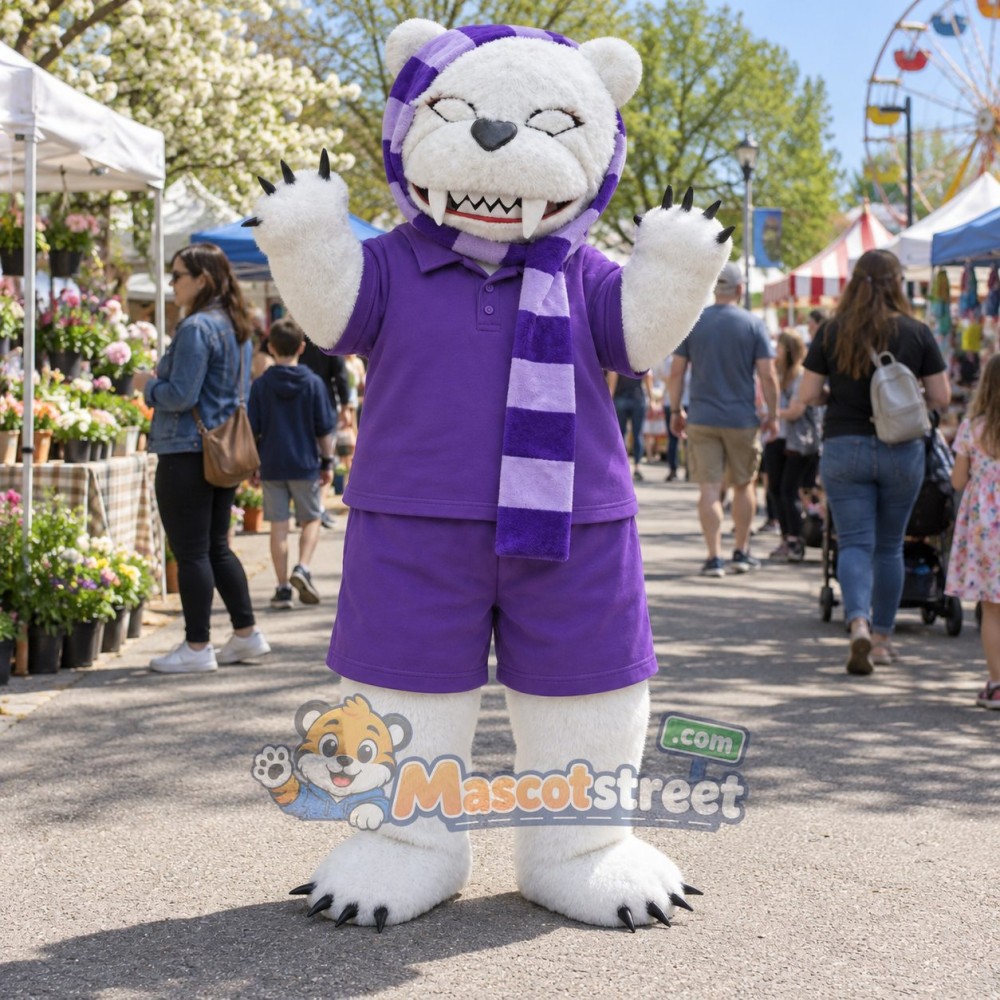 White Polar Bear Mascot Costume with Purple Shirt, Purple Shorts and Plaid Scarf White Polar Bear Mascot Costume with Purple Shirt, Purple Shorts and Plaid Scarf