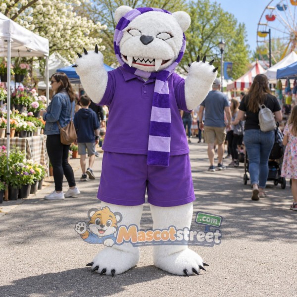 White Polar Bear Mascot Costume with Purple Shirt, Purple Shorts and Plaid Scarf
