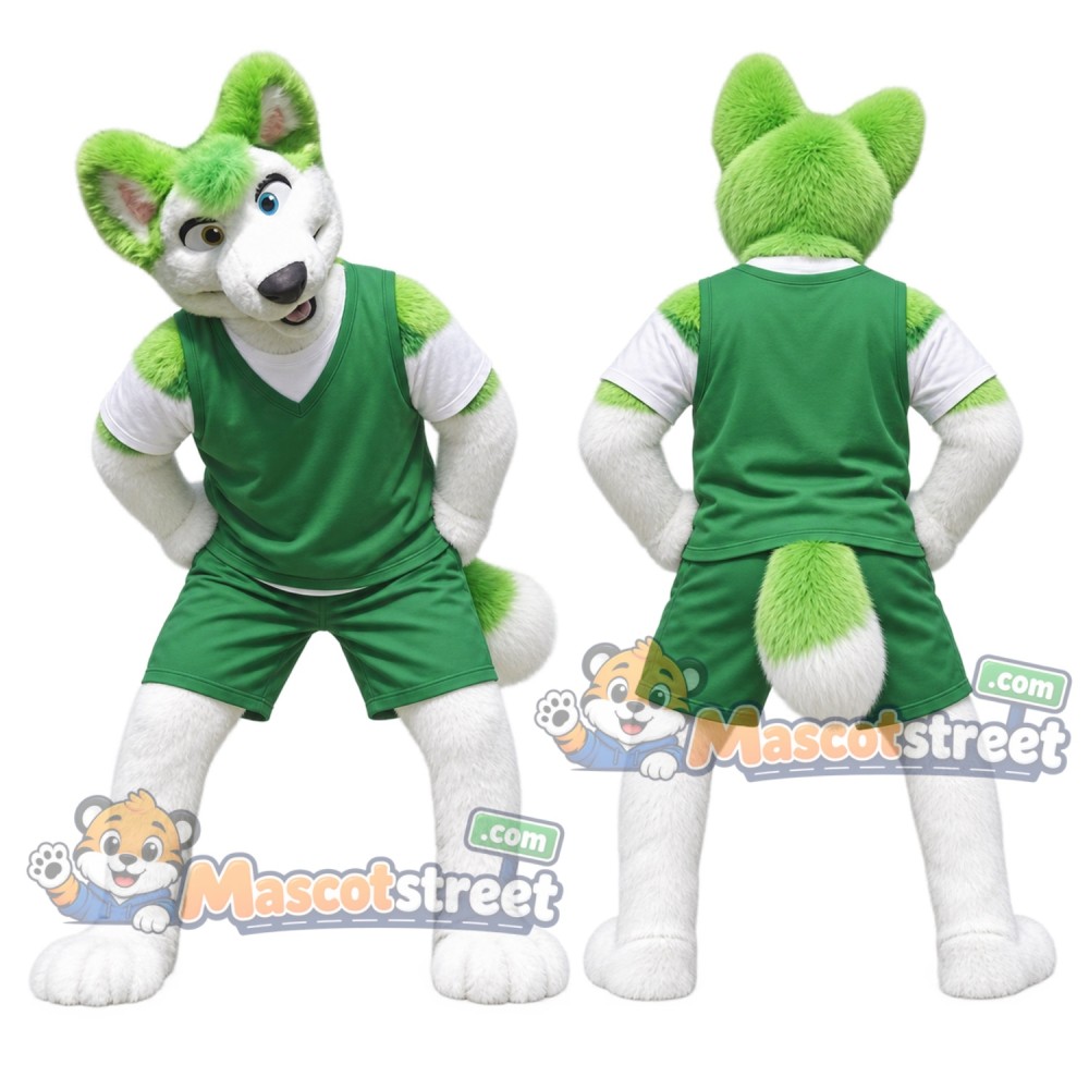 White and Green Canine Mascot Costume with Green Sports Uniform White and Green Canine Mascot Costume with Green Sports Uniform