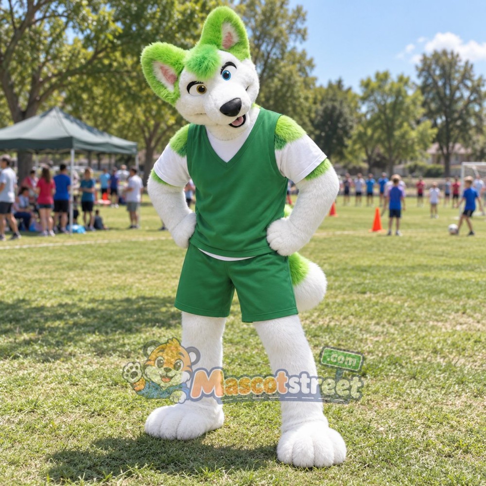 White and Green Canine Mascot Costume with Green Sports Uniform