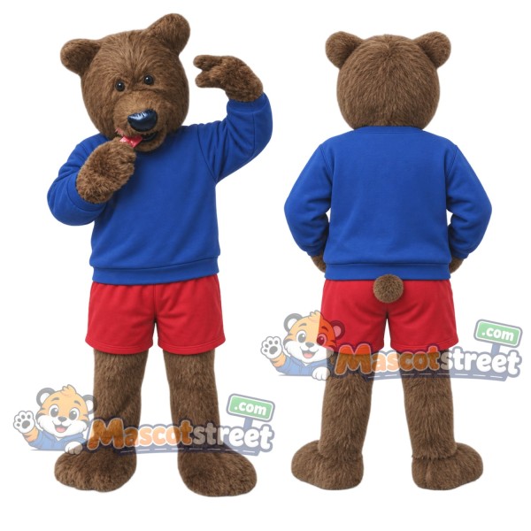 Brown Bear Mascot Costume with Blue Sweatshirt and Red Shorts