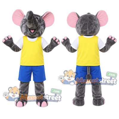 Gray Mouse Mascot Costume with Yellow Shirt and Blue Shorts
