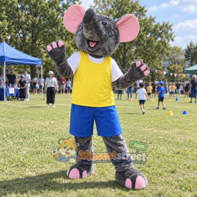 Gray Mouse Mascot Costume with Yellow Shirt and Blue Shorts Gray Mouse Mascot Costume with Yellow Shirt and Blue Shorts