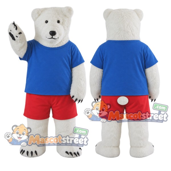 White Polar Bear Mascot Costume with Blue Shirt and Red Shorts