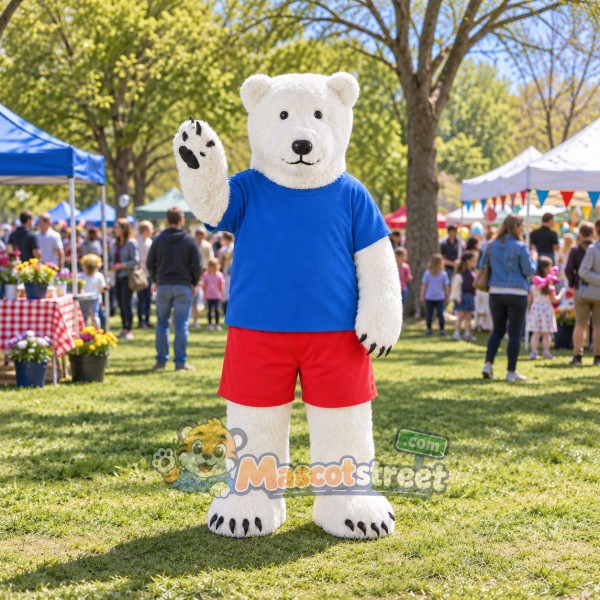 White Polar Bear Mascot Costume with Blue Shirt and Red Shorts