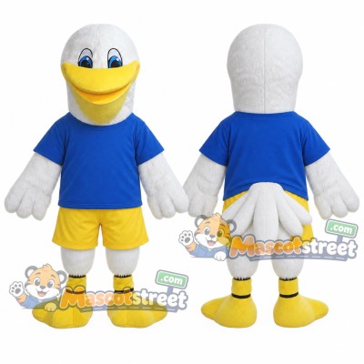 White Pelican Mascot Costume with Blue Shirt and Yellow Shorts White Pelican Mascot Costume with Blue Shirt and Yellow Shorts