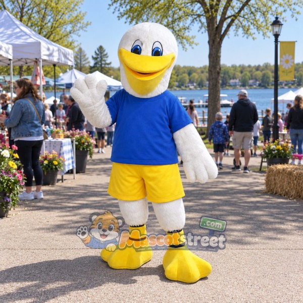 White Pelican Mascot Costume with Blue Shirt and Yellow Shorts